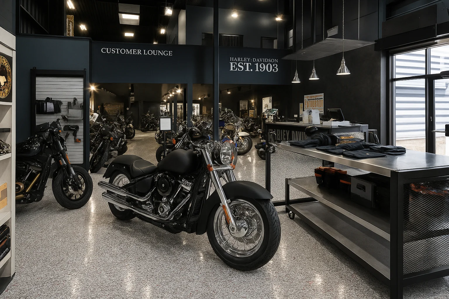 Harley-Davidson Showroom - Full Broadcast Flake by Epoxy Plus Pro